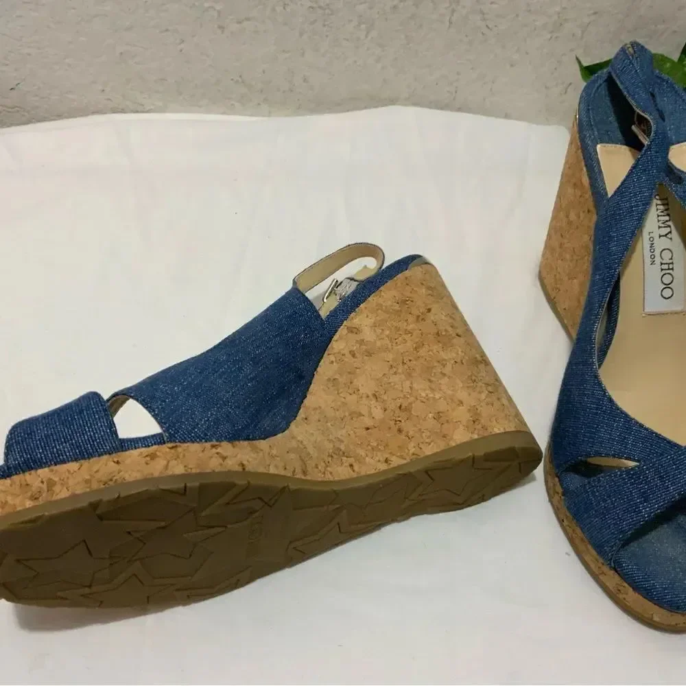 Jimmy Choo Amely 105 Slingback Sandals Denim Cork Wedges size 39.5